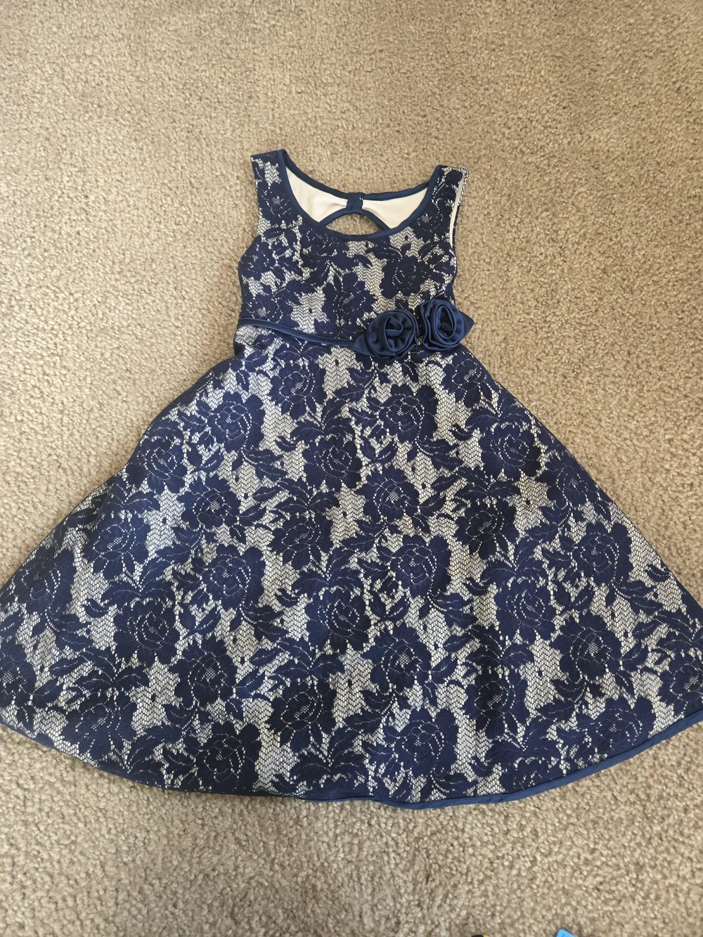 iris & ivy Navy and White Floral Lace Fit-and-Flare Dress with Rosette Accent